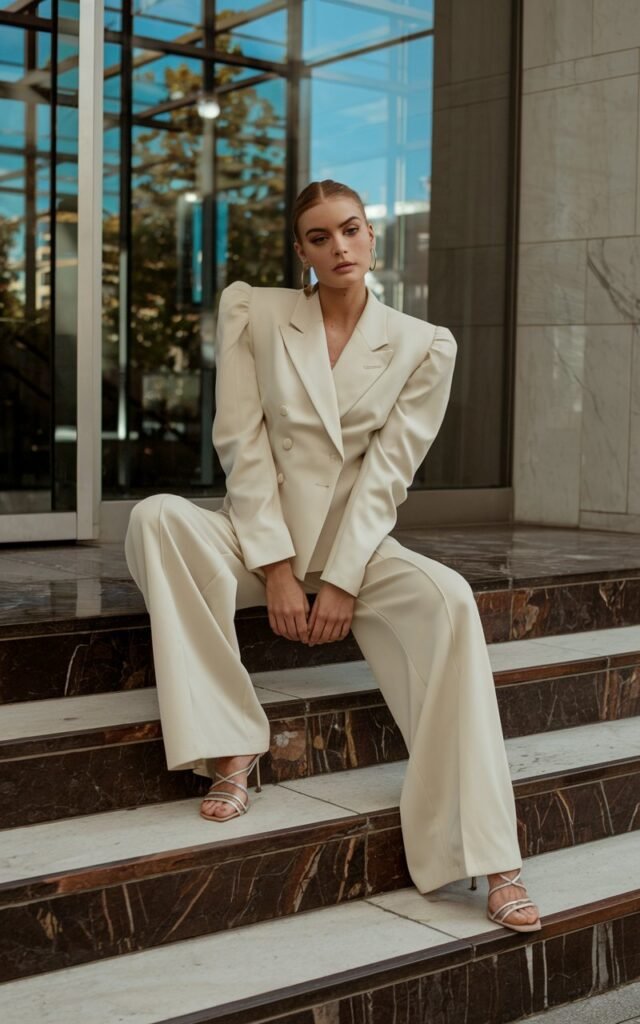 Model poses on marble steps outside an office building. She wears a structured cream blazer with padded shoulders, wide trousers, and strappy heels. Natural daylight reflects off nearby glass. Her hair is tucked behind her ears, expression sharp and confident.