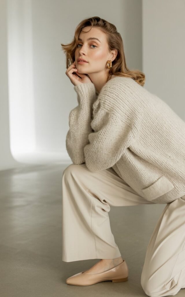Model posing in a bright minimalist studio. Cream knit sweater and matching trousers, nude flats, gold hoop earrings. Hair in loose waves, soft diffused lighting, serene and polished expression.