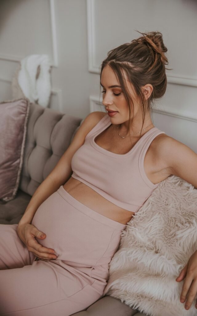 Model pregnant women in a blush two-piece lounge set, lounging on a plush sofa. Soft indoor lighting with a cozy blanket nearby. Minimal makeup, hair in a messy bun, peaceful expression.