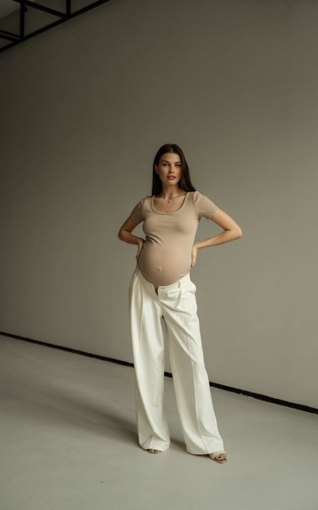 Model pregnant women in a fitted beige maternity bodysuit tucked into flowy white wide-leg trousers. Minimalist studio with diffused light. Confident stance, hands on hips, clean and editorial feel.