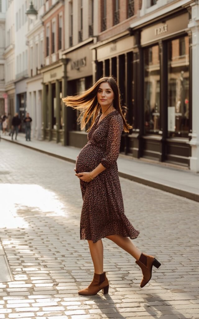 Model pregnant women in a floral midi wrap dress and brown ankle boots, posing on a cobblestone street lined with boutiques. The light hits her at golden hour, catching her glossy hair as she twirls slightly. Minimal jewelry, natural makeup, and a carefree expression.