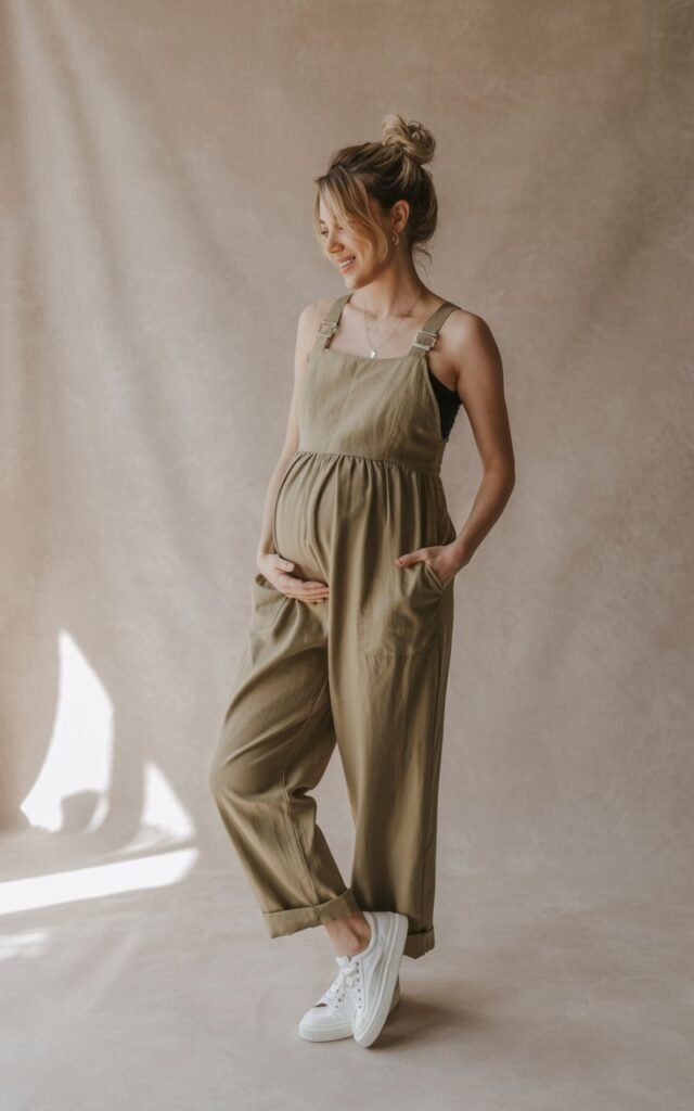 Model pregnant women in a khaki linen maternity jumpsuit with adjustable straps and white sneakers. Studio setting with neutral backdrop and diffused daylight. Hair in a bun, one hand in pocket, relaxed smile.