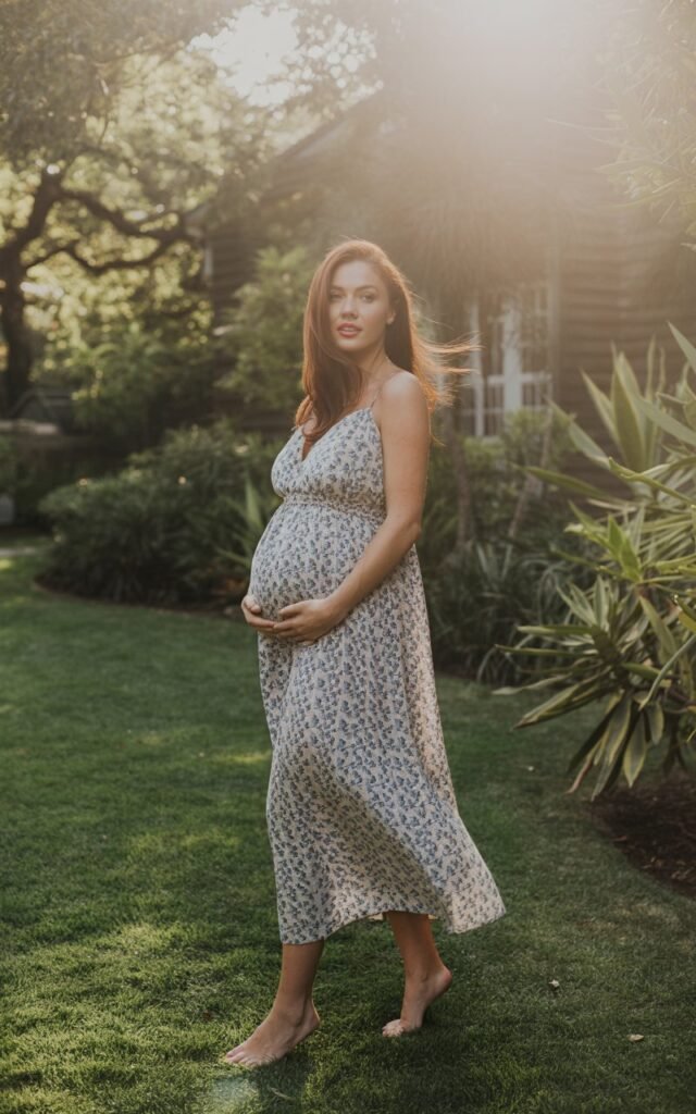 Model pregnant women in a printed empire-waist maxi dress in a garden setting, surrounded by greenery. Golden afternoon sunlight, light breeze moving her hair and dress. Barefoot on grass, serene and radiant.