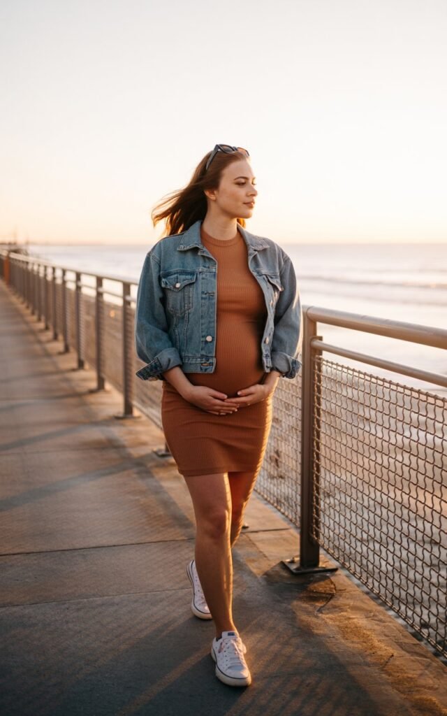 Model pregnant women in a rust-colored bodycon dress and a faded blue denim jacket, walking along a boardwalk at sunset. Sneakers on, sunglasses perched on her head, hair flowing naturally. Golden hour glow with ocean in background.