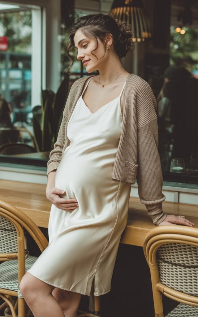 Model pregnant women wearing a silky ivory slip dress layered with a cropped beige cardigan, leaning against a wooden café counter indoors. Soft window light illuminating her face, hair in loose curls, subtle smile. Natural textures in background—plants, rattan chairs.