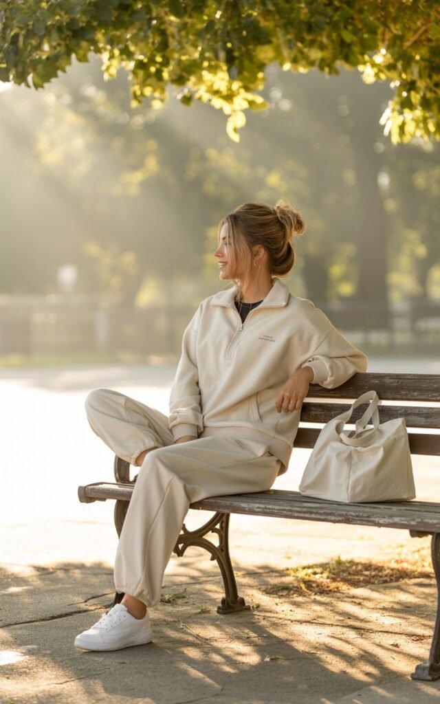 Model seated casually on a park bench, wearing a cream quarter-zip pullover and matching track pants. Loose bun, white sneakers, and a tote bag by her side. Early morning sunlight filtering through trees for a cozy, relaxed atmosphere.