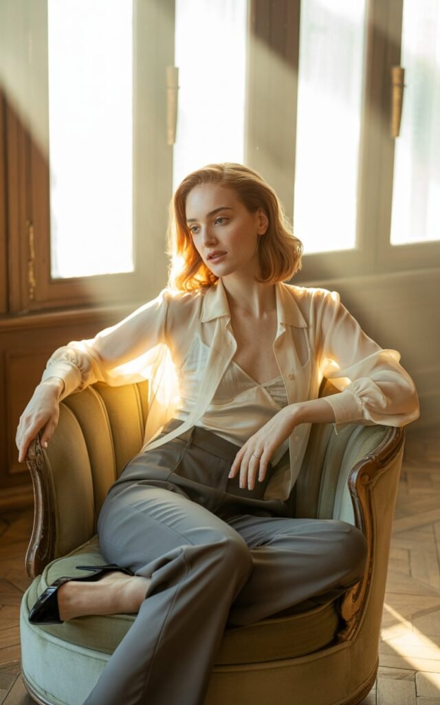Model seated on a vintage armchair in soft morning light streaming through a window. She wears a sheer ivory blouse over a silk camisole, paired with tailored trousers. Her look is romantic yet poised, with soft waves and natural skin glow.