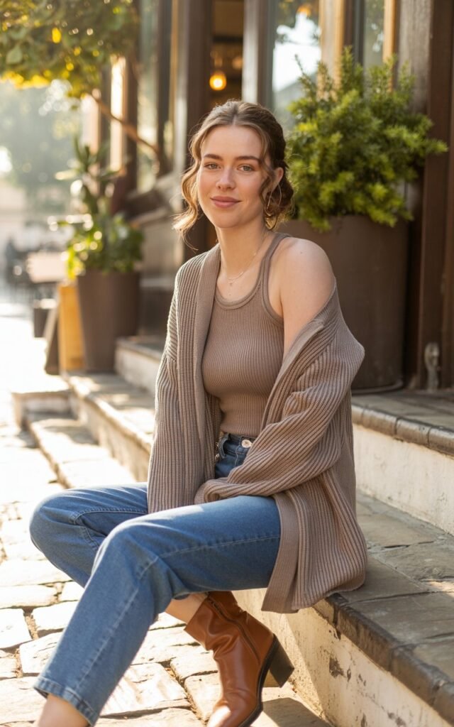 Model sitting on outdoor café steps under morning light. Taupe knit tank and matching cardigan, blue jeans, ankle boots. Smiling softly, hair in a half-up style, cozy and chic.