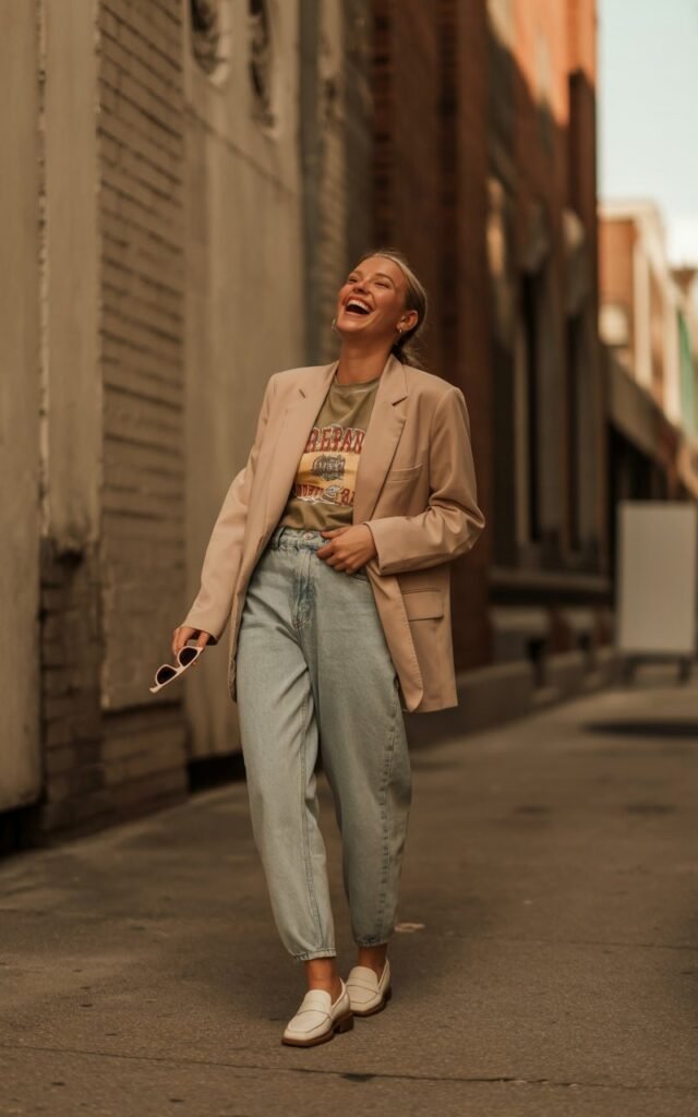 Model standing against a textured wall in an urban street setting. Beige blazer, vintage graphic tee, light-wash mom jeans, and loafers. Sunglasses in hand, hair tucked behind ears, mid-laugh moment, golden hour glow.