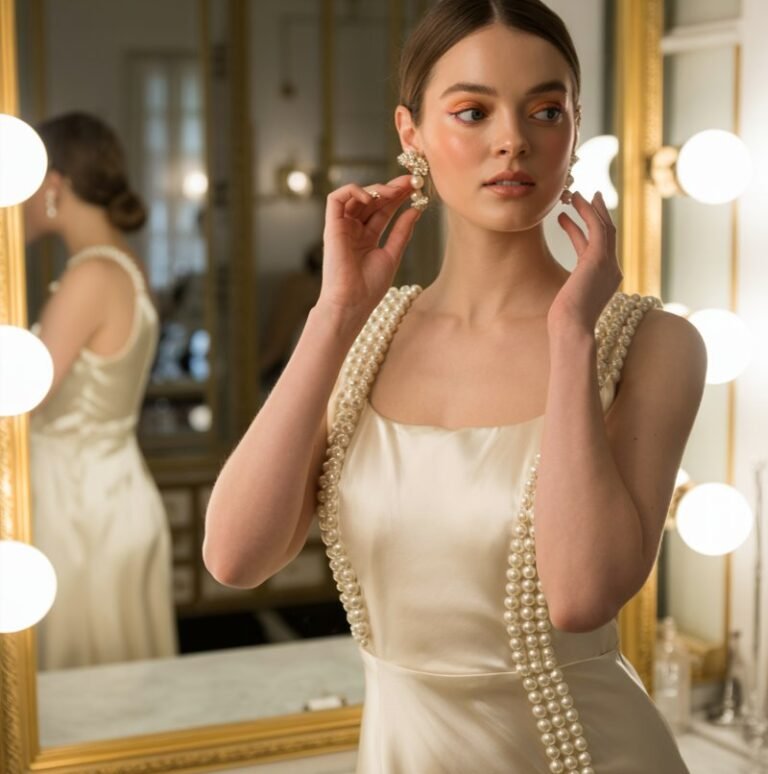 Model standing beside a marble vanity in a softly lit dressing room. She wears a fitted cream dress with pearl-embellished buttons, pearl earrings, and a low bun. Her makeup glows naturally, and she’s adjusting her earring in the mirror.