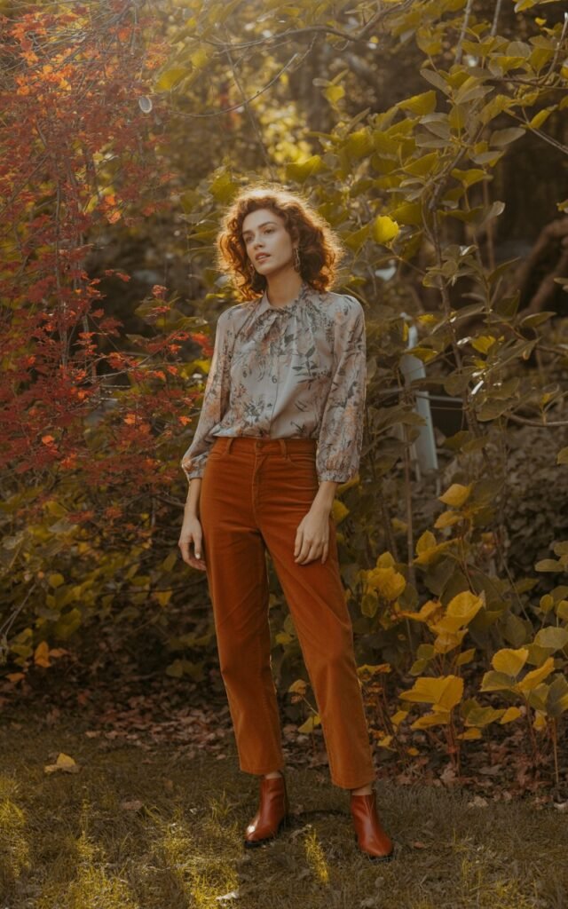 Model standing in a fall garden. Floral blouse tucked into rust corduroy pants, brown ankle boots, hair in loose curls. Soft golden light through trees, peaceful, earthy mood.