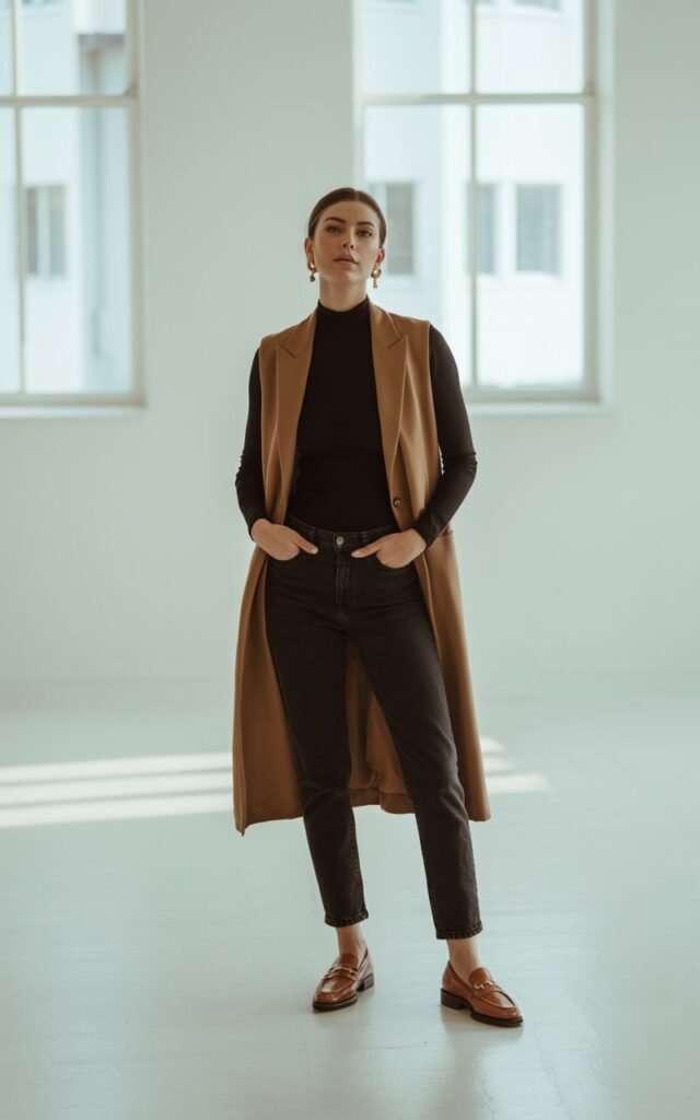 Model standing in a minimalist studio with soft window light. She wears a camel longline vest over a black turtleneck and slim jeans, loafers, and gold earrings. Clean lines, calm confident pose, hands in pockets.