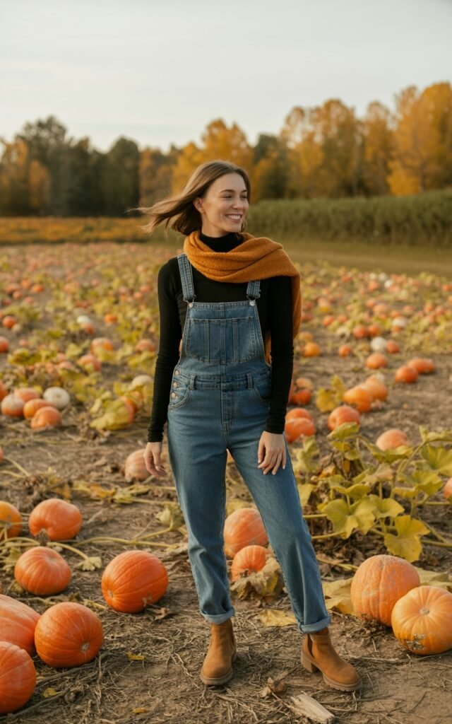 Model standing in a pumpkin patch surrounded by orange tones. Black turtleneck under denim overalls, ankle boots, cozy scarf. Natural daylight, slight breeze, warm authentic smile, rustic fall vibe.
