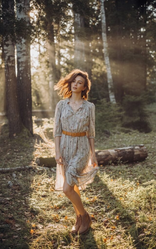 Model standing in a rustic outdoor setting surrounded by trees. She wears a flowy floral dress cinched with a slim brown belt, ankle boots, and tousled waves. The sunlight filters through leaves, highlighting the silhouette beautifully.