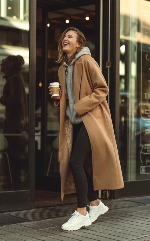 Model standing near a city café entrance. Camel longline coat layered over gray hoodie, black leggings, and chunky sneakers. Holding a coffee cup, candid laughter, soft morning light.