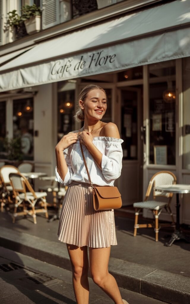 Model standing outside a chic café, sunlight streaming. She wears a ruffled white off-shoulder blouse tucked into a blush pleated mini skirt, with nude heels and a crossbody bag. Hair half-up, playful grin, one hand adjusting her skirt.