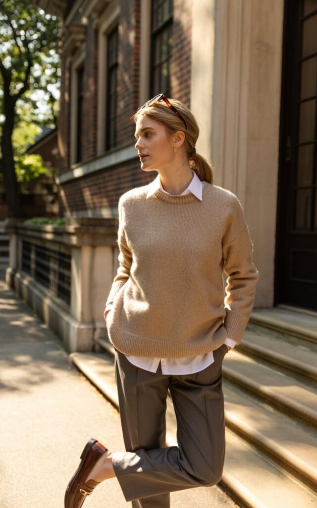 Model standing outside a library entrance with soft daylight. Beige crewneck sweater layered over a white collared shirt, dark trousers, and loafers. Hair in low ponytail, reading glasses on head, sophisticated and preppy.