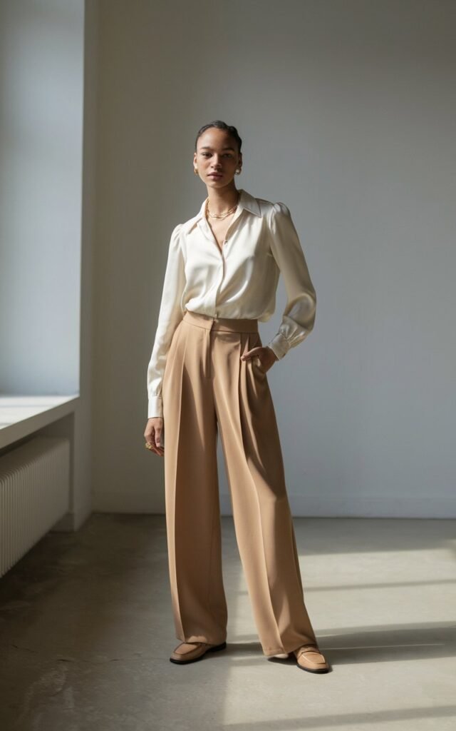 Model stands in a minimalist indoor studio with soft window light. She wears cream silk blouse tucked into tan wide-leg trousers, loafers, and subtle gold jewelry. Her hair is neatly tied back, and she has a calm, poised stance with one hand in her pocket.