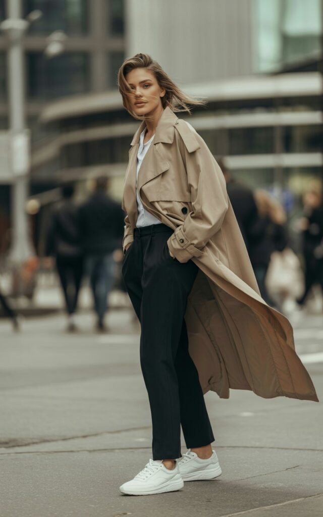 Model stands on a city sidewalk wearing an oversized beige trench coat layered over black trousers and sneakers. Light breeze lifts her hair slightly. The lighting is soft and cloudy, giving cozy overcast tones. Expression cool, effortless confidence.