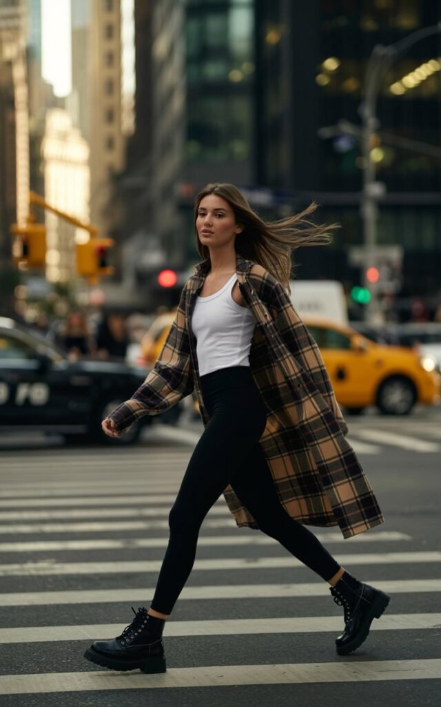 Model walking across a crosswalk, city background. Oversized plaid shacket, black leggings, white tank, and chunky boots. Wind slightly lifting her hair, confident stride, cool urban energy.