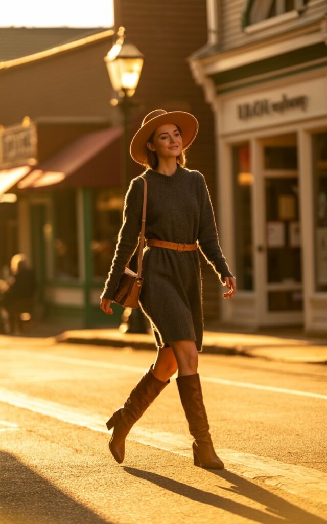 Model walking across a small-town main street at sunset. Charcoal sweater dress with a tan belt, tall brown boots, and a felt hat. Slight smile, crossbody bag at her side, glowing warm light.