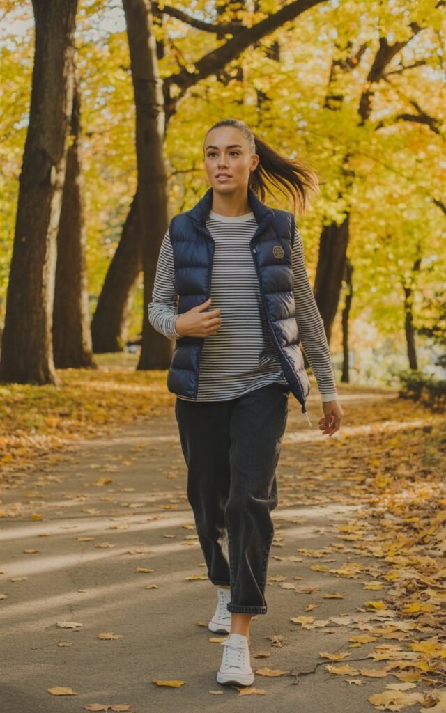 Model walking along a park trail lined with golden trees. Navy puffer vest, black-and-white striped tee, dark jeans, and sneakers. Hair in a ponytail, sunlight through trees, cozy and active look.