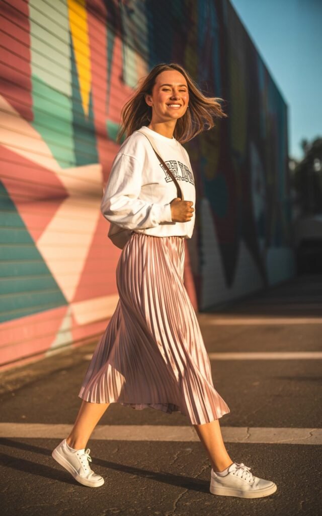 Model walking along an artsy mural wall. White graphic sweatshirt tucked into blush pleated midi skirt, white sneakers, crossbody bag. Hair blowing in breeze, playful smile, late afternoon glow.