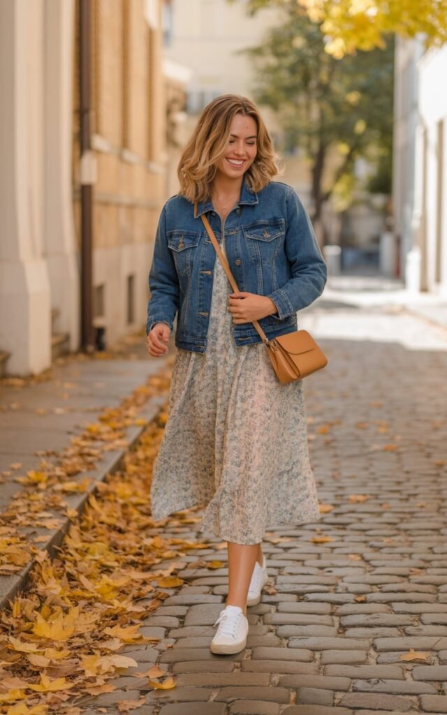 Model walking on a cobblestone street with fall leaves around. Wearing a blue denim jacket over a floral midi dress and white sneakers. Hair down in beachy waves, carrying a small crossbody bag. Warm afternoon lighting, natural smile.