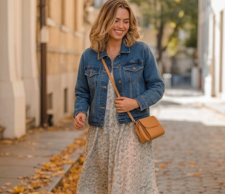 Model walking on a cobblestone street with fall leaves around. Wearing a blue denim jacket over a floral midi dress and white sneakers. Hair down in beachy waves, carrying a small crossbody bag. Warm afternoon lighting, natural smile.