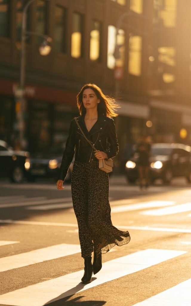 Model walking on a downtown street at golden hour. Black leather jacket, printed maxi skirt, black ankle boots, crossbody bag. Slight breeze lifting skirt hem, confident expression, cinematic sunlight.