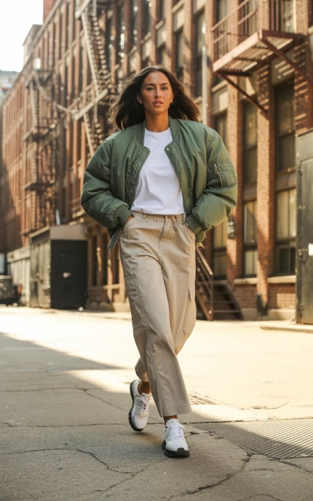 Model walking through an industrial street scene. Sage-green padded bomber, khaki cargo pants, white tee, and chunky sneakers. Wind tousling her hair, hands in pockets, natural sunlight from the side.