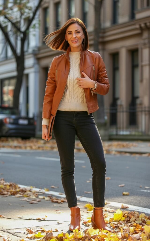 Model wearing a caramel leather jacket, cream sweater, and dark skinny jeans tucked into cognac boots. She stands on a city sidewalk with fall leaves scattered around. Natural daylight highlights the richness of brown tones. Her sleek, shoulder-length hair and soft smile add polish.