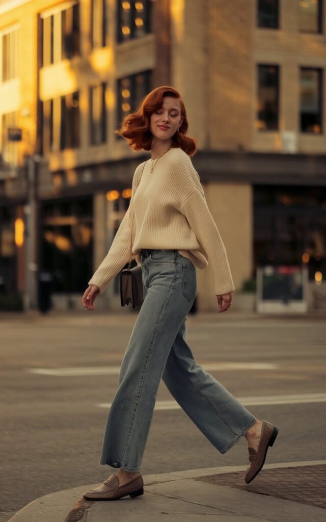 Model with auburn hair styled in soft waves poses on an urban street corner during golden hour. She wears barrel-leg jeans, a tucked-in cream sweater, and loafers. A small crossbody bag completes the look. She’s mid-step, turning her head slightly with a relaxed, natural smile.