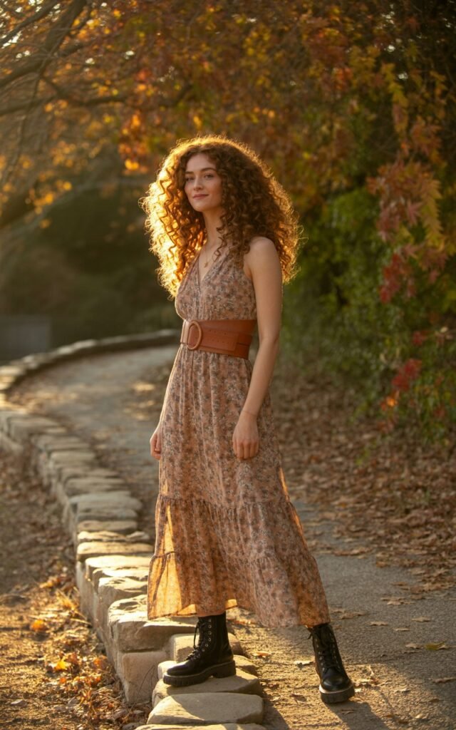 Model with curly chestnut hair stands in a rustic outdoor path surrounded by autumn trees. She wears a flowy floral maxi dress cinched with a leather belt and black combat boots. Golden hour sunlight filters through leaves. Natural, strong stance with a soft smile.