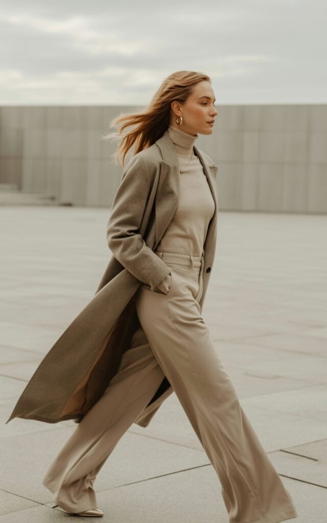 Model with honey-blonde hair walks across a minimalist urban plaza. She wears layered beige tones — long coat, turtleneck, and wide-leg trousers — styled with gold hoops. Overcast light creates soft, elegant shadows. Graceful stride, serene expression.