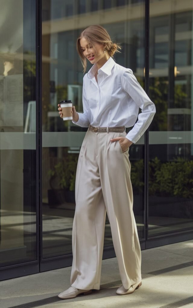 Model with light brown hair in a loose bun stands by a modern office building. She wears a crisp white button-down half-tucked into beige wide-leg trousers with loafers and a slim belt. Natural daylight filters softly; she holds a coffee cup, smiling subtly, exuding understated elegance.