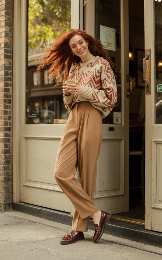 Model with long copper hair poses near a cozy café entrance. She wears a bold patterned sweater tucked into high-waisted pleated trousers with loafers. Soft golden afternoon light enhances warmth. Relaxed smile, coffee cup in hand — effortlessly chic.
