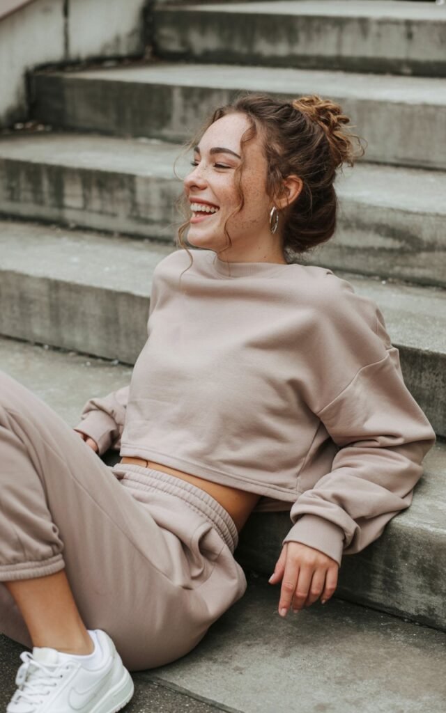 Model with natural freckles and light brown hair in a messy bun lounges on concrete steps. She wears a soft beige cropped sweatshirt with matching joggers and white sneakers. Soft daylight, cozy texture emphasis. Relaxed posture with a candid laugh — effortlessly cool.