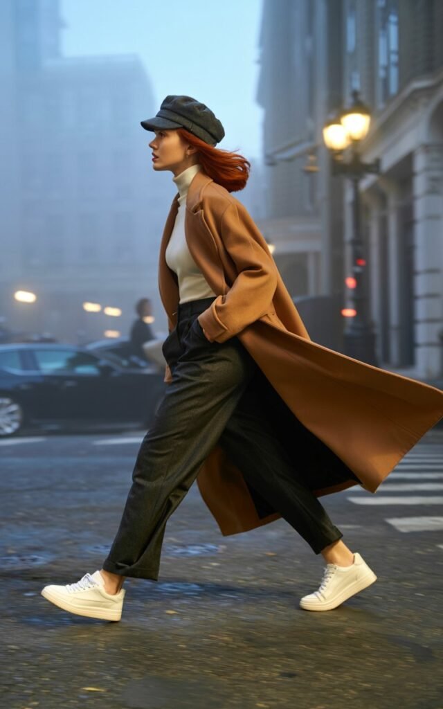 Model with red hair tucked into a cap walks briskly through a foggy morning city street. She wears a camel wool coat over a turtleneck and tailored pants, paired with white sneakers. Natural early daylight; dynamic walking motion, coat flowing behind her.