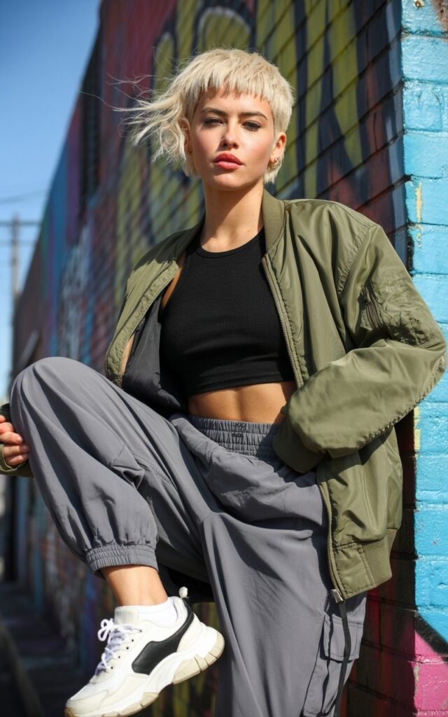 Model with short, choppy haircut poses in front of graffiti-covered walls. She wears an olive bomber jacket over a fitted black crop top, gray parachute pants, and chunky sneakers. Harsh daylight with dynamic shadows. Confident, slightly rebellious stance; wind tugging at her jacket.