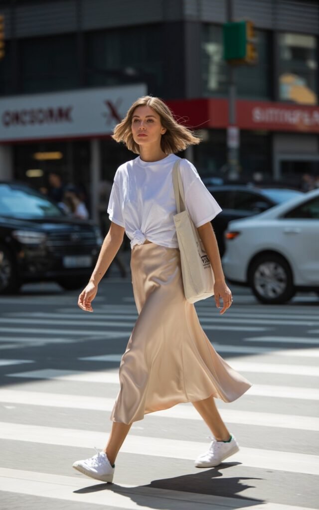 Model with shoulder-length light brown hair walks down a city crosswalk. She wears a champagne satin midi skirt and oversized white tee knotted at the waist, with sneakers and a tote. Bright daylight; motion blur adds realism. Confident stride and natural expression.