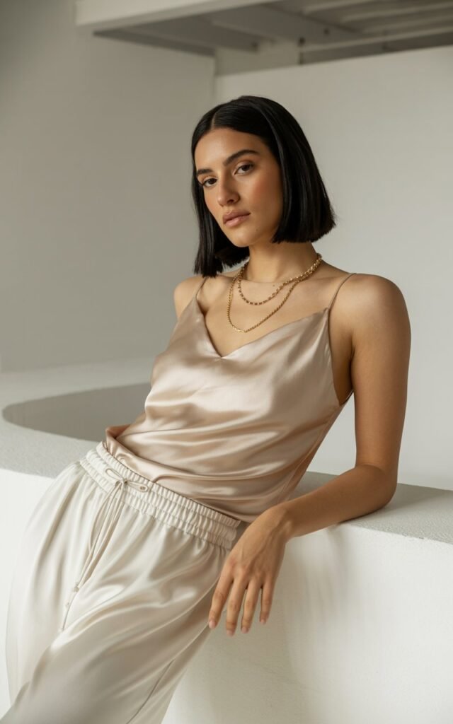 Model with shoulder-length sleek black hair leans against a minimalist studio wall. She wears a champagne silk cami, loose cream drawstring pants, and delicate gold necklaces. Gentle indoor light highlights the sheen of the fabric. Calm, relaxed pose; serene and elevated.