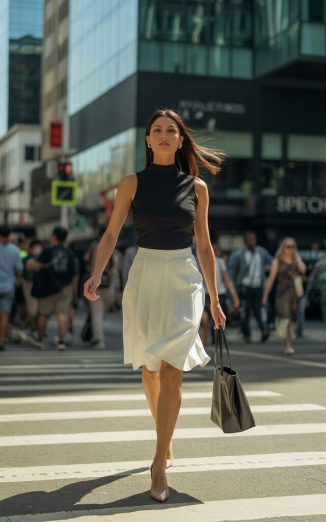 Modern city street under midday light. The woman wears a black sleeveless mock-neck top tucked into a white A-line skirt that sways as she walks. Her hair is sleek and straight, and she carries a structured tote. The pose is confident and graceful, mid-step on a crosswalk.
