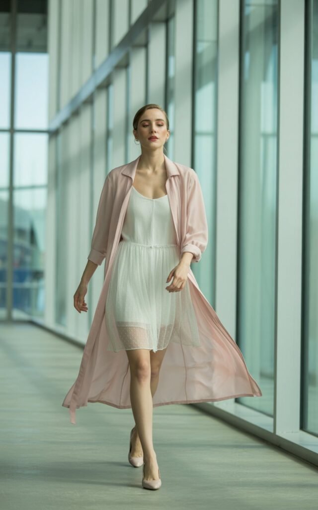 Modern indoor hallway with glass walls and natural light. The model wears a sheer blush duster coat layered over a white chiffon dress and nude flats. Her hair is tucked behind her ears, makeup glowy and natural. She’s caught mid-walk, the coat flowing behind her for an elegant motion shot.