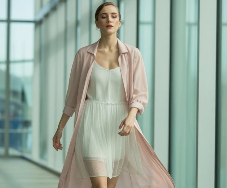 Modern indoor hallway with glass walls and natural light. The model wears a sheer blush duster coat layered over a white chiffon dress and nude flats. Her hair is tucked behind her ears, makeup glowy and natural. She’s caught mid-walk, the coat flowing behind her for an elegant motion shot.