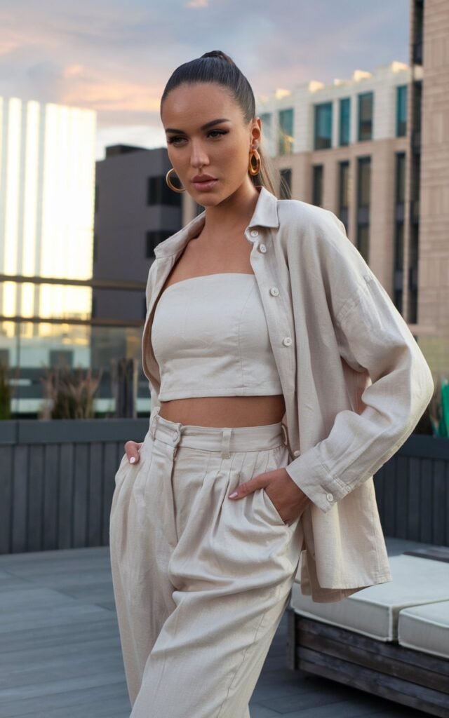 Modern urban rooftop terrace setting. White-skinned model with sleek ponytail wears a linen beige co-ord set (crop top + trousers) with gold hoops. Lighting is soft sunset glow. She poses confidently with one hand in her pocket, cool and composed.