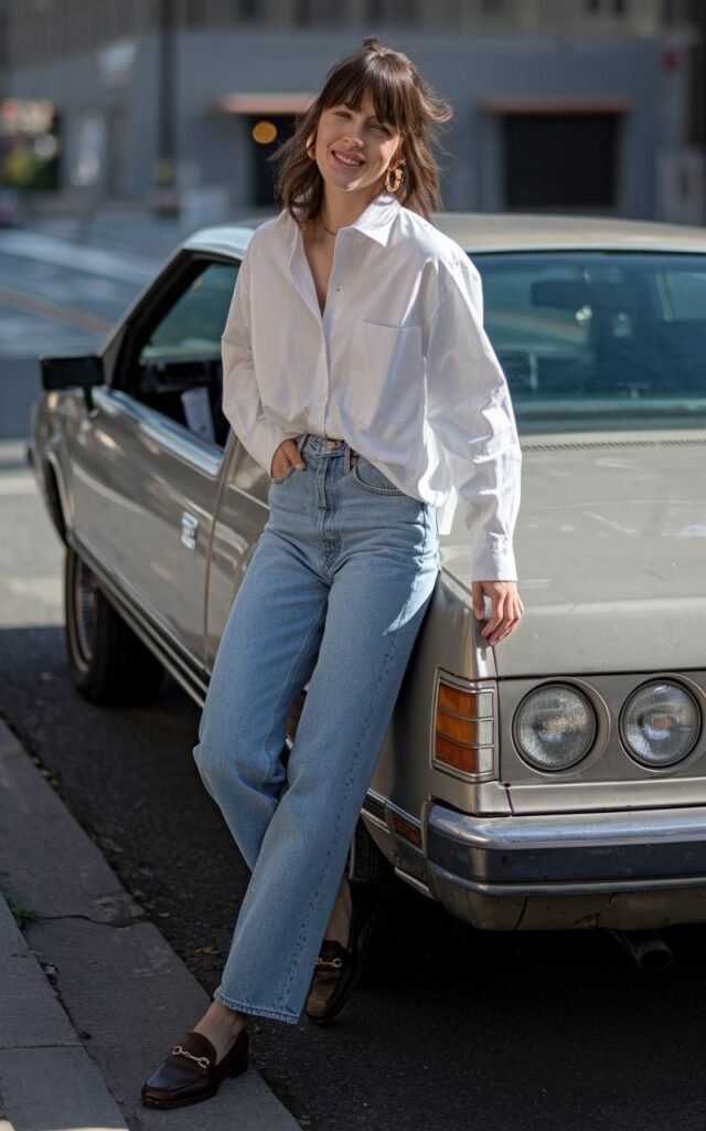 Natural daylight photo of a woman leaning against a vintage car on a quiet urban street. She wears a crisp white oversized button-down tucked into high-waisted straight blue jeans, with loafers and gold hoop earrings. Her brown hair is slightly tousled, and she smiles casually. The background features subtle street details for realism.