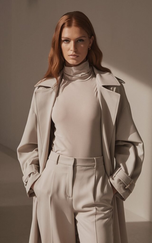 Neutral-toned studio setup. Model with caramel hair wears a monochrome beige outfit — turtleneck, tailored trousers, and matching trench. Minimal gold jewelry adds warmth. Lighting soft, diffused daylight for a luxury editorial feel. Expression serene and confident.