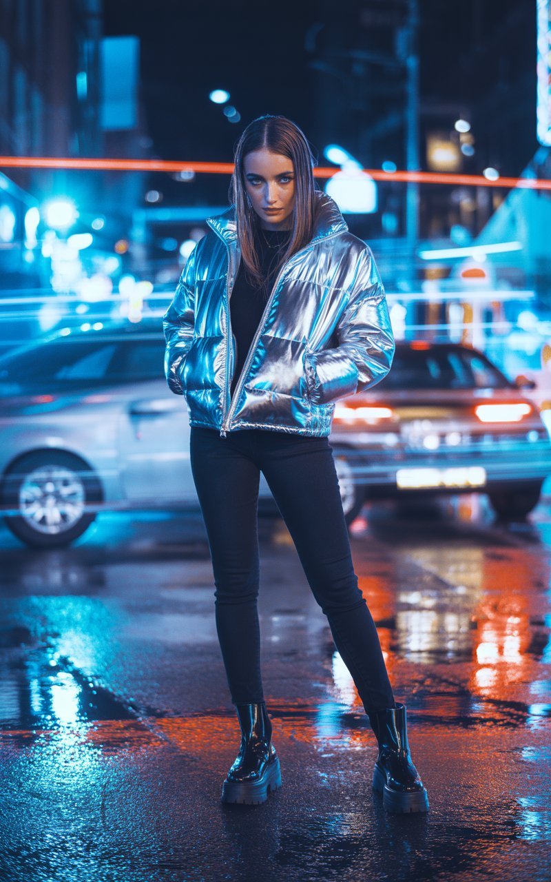 Night cityscape backdrop with neon reflections. The model wears a silver metallic puffer jacket, black skinny jeans, and platform boots. Her hair is sleek and straight, catching the glow of city lights. She stands powerfully, looking directly at the camera — fierce and unstoppable.