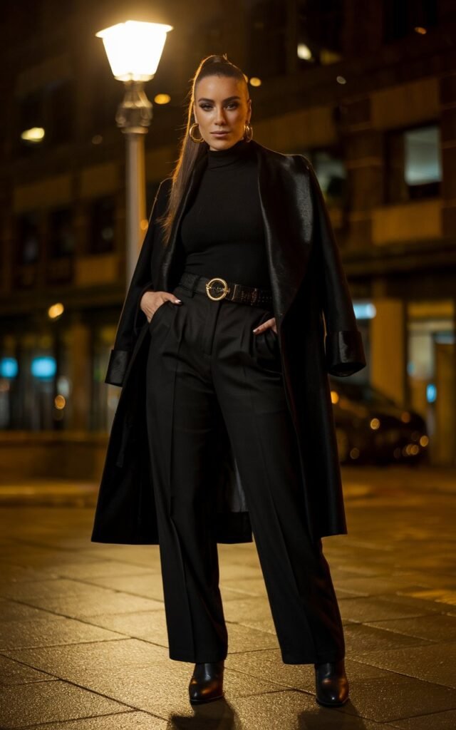 Nighttime city lights as the backdrop. The model stands under a streetlamp, wearing an all-black outfit — turtleneck, tailored trousers, and heeled boots — accented with gold hoops and a statement belt. Her sleek ponytail and confident gaze capture quiet power. The warm streetlight glow reflects off gold details for a luxe finish.